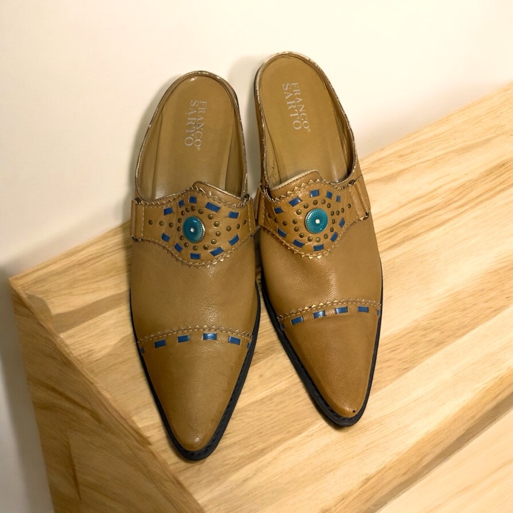 Franco Sarto Tan Leather Pointed Mules with Teal Accents